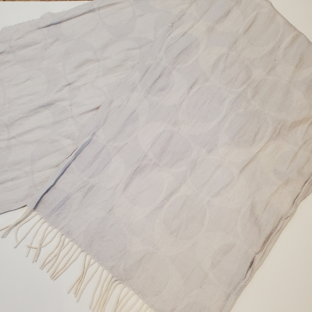 Coach Long Scarf Light grey Cream Subtle C Pattern Cream Tassels Neutral Wrap